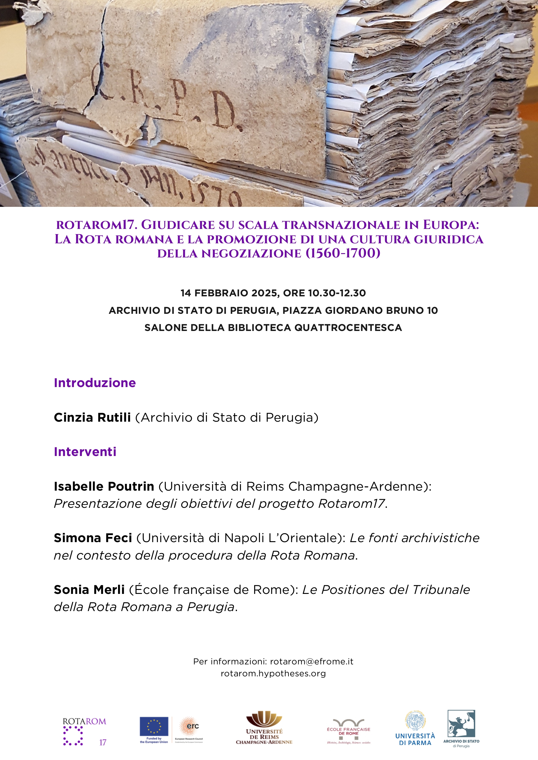 Fonti del tribunale della Rota Romana a Perugia: presentazione del progetto Rotarom17